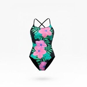Vintage 80s Sassafras Floral One Piece Swimsuit High Cut Black Pink Size 10